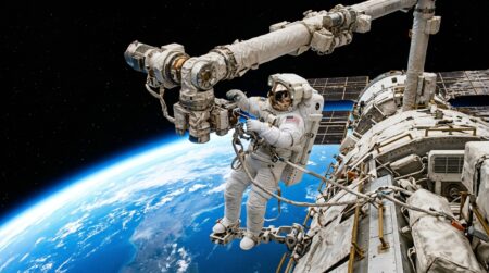 Astronaute en scaphandre réparant un bras robotique spatial