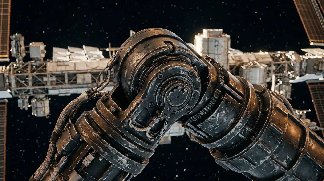 Gros plan sur une articulation métallique usée dans l'espace