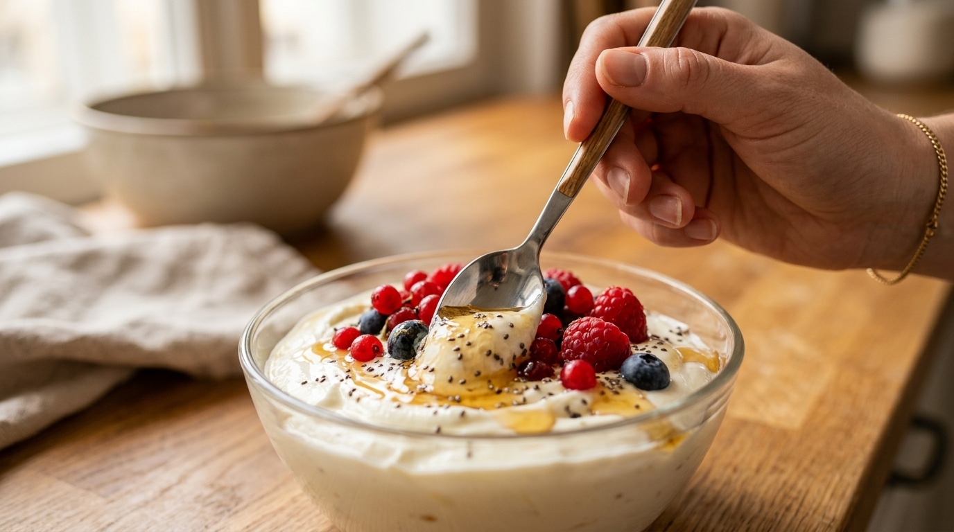 Bol de laitage garni de fruits rouges et miel