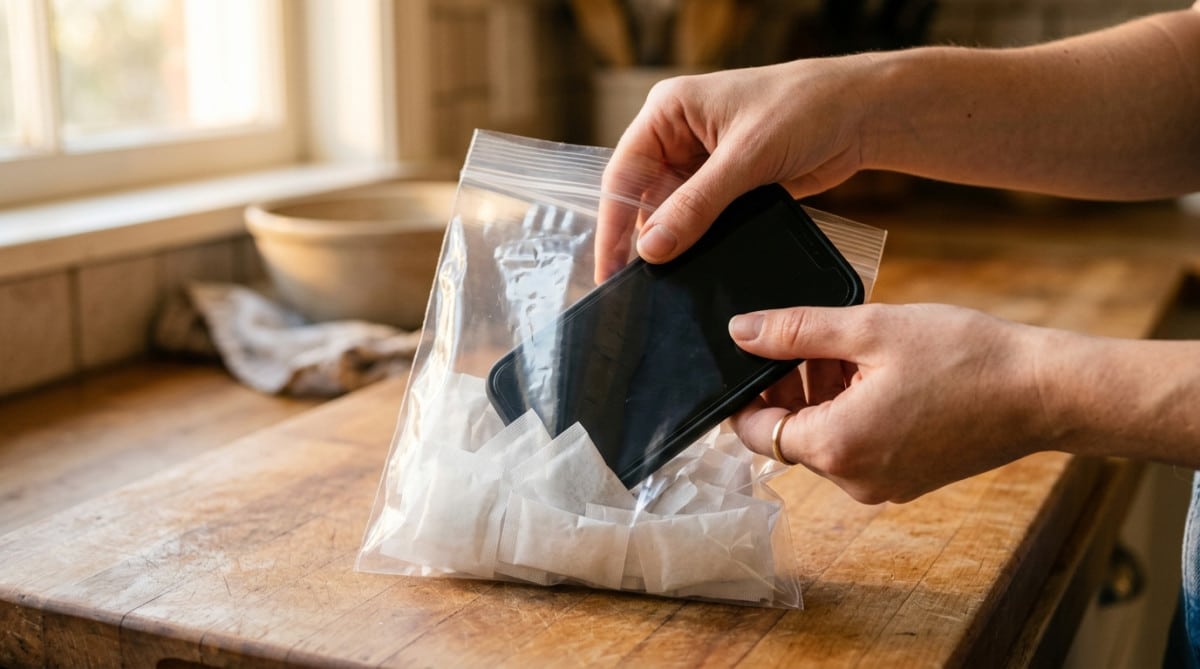 Smartphone placé dans un sac avec des sachets de silice
