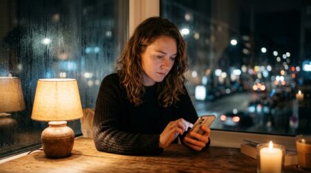 Femme seule face à son téléphone la nuit