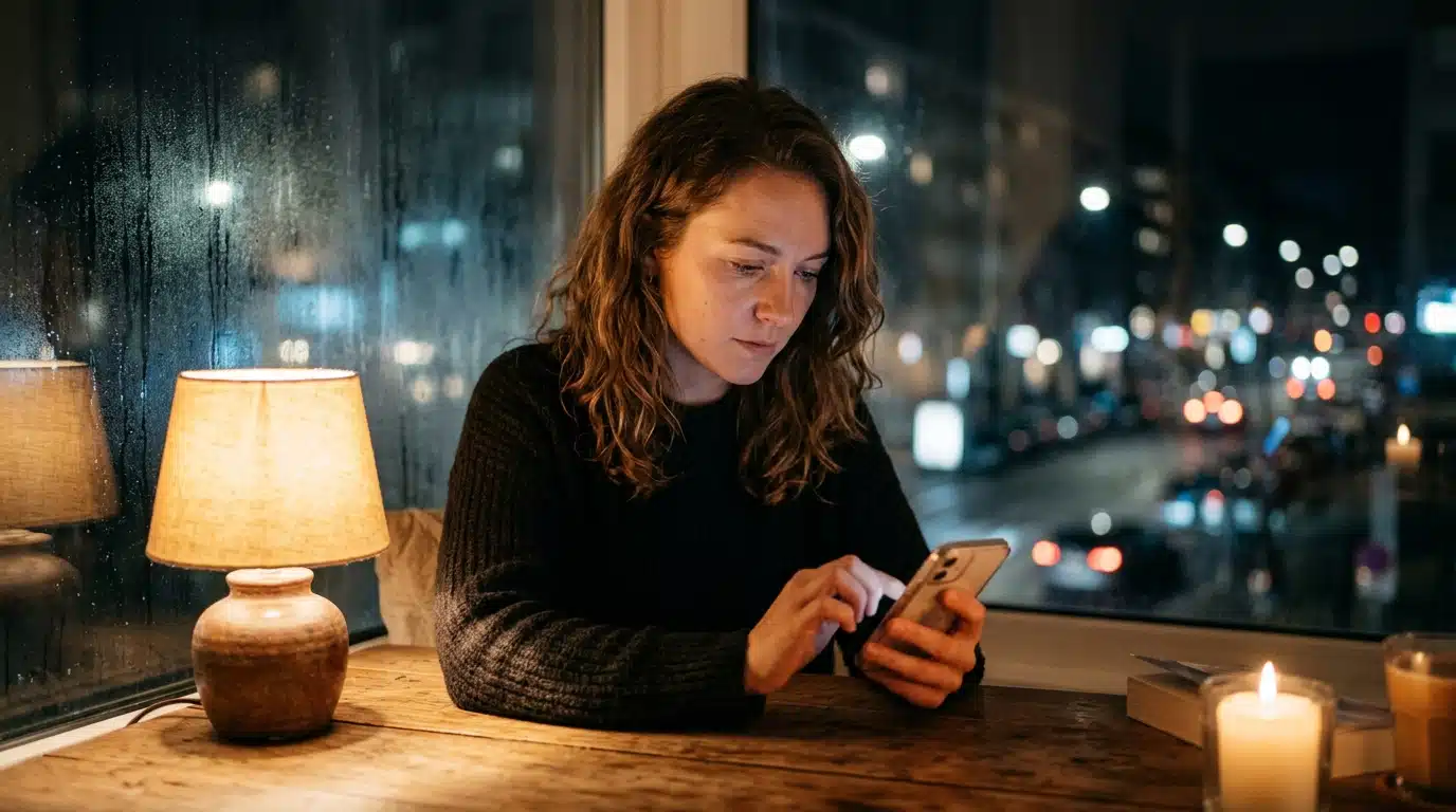 Femme seule face à son téléphone la nuit