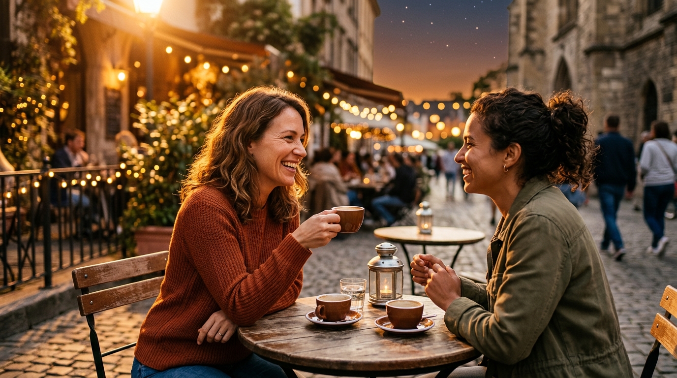 Rencontre spontanée en terrasse au coucher du soleil