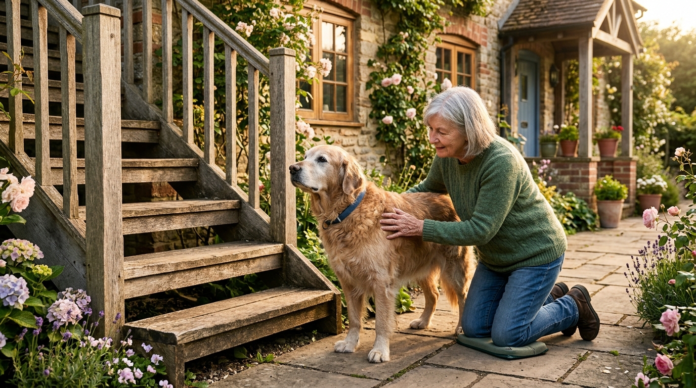 Chien âgé hésitant devant un escalier extérieur