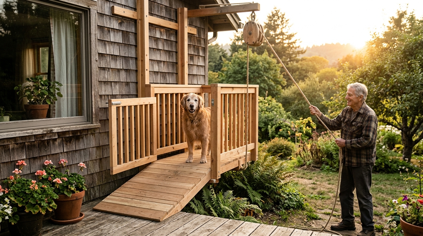 Ascenseur artisanal en bois fixé sur une façade de maison
