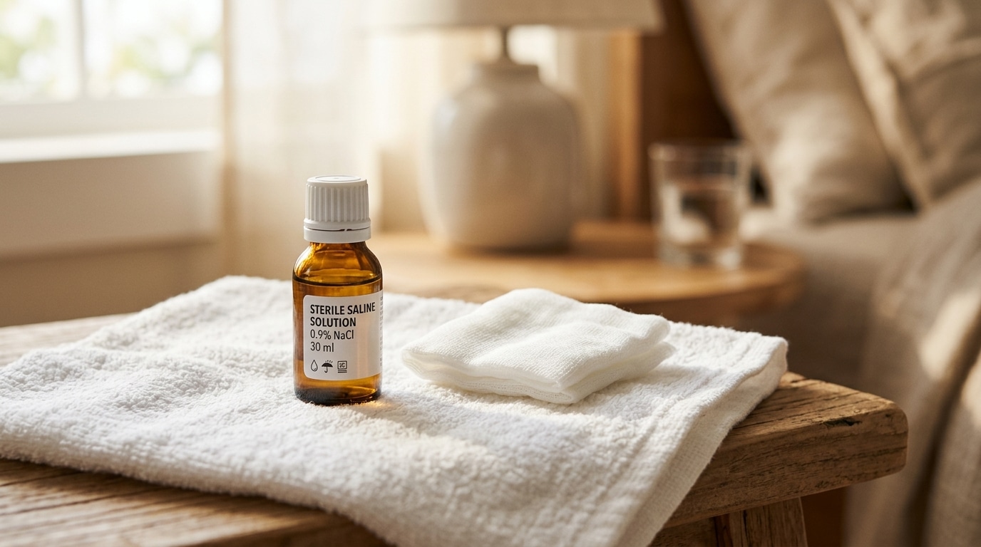 Flacon de sérum physiologique et compresse propre