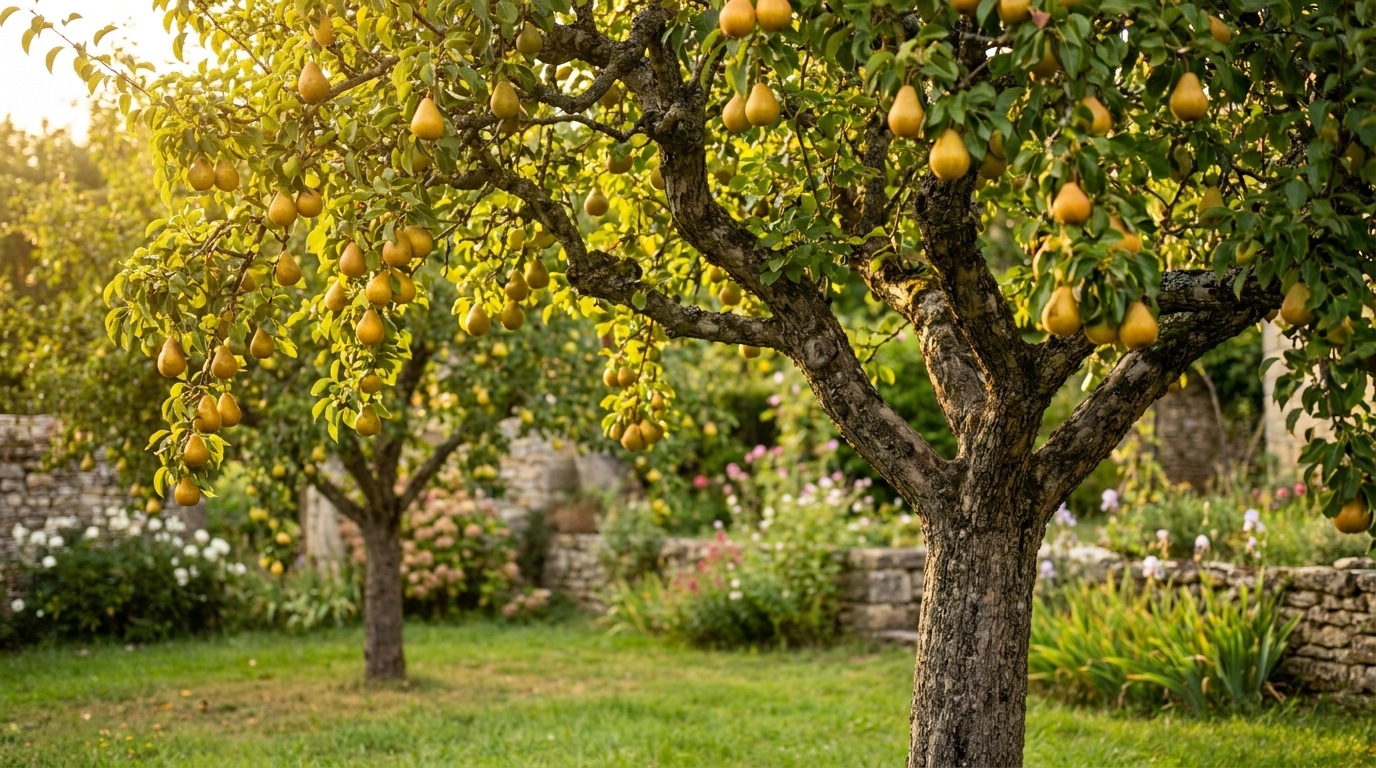 Poirier chargé de poires mûres dans un jardin