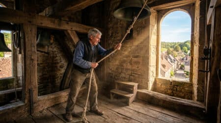 Sonneur tirant la corde de la cloche d'église à midi