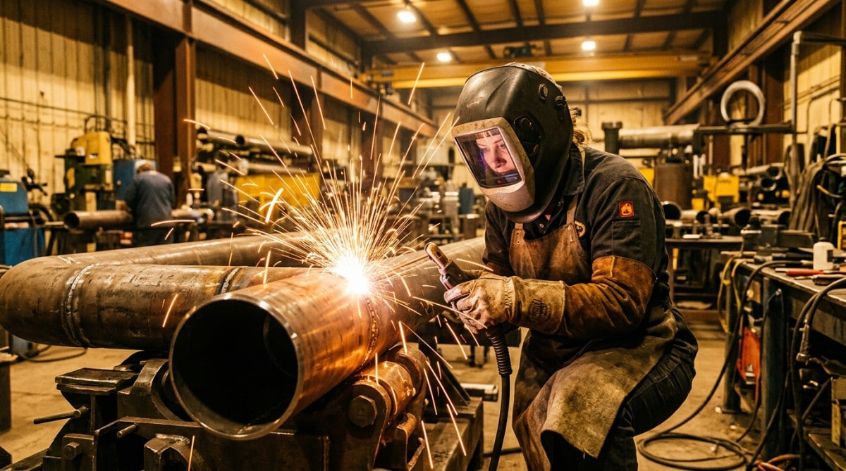 Soudeur industriel au travail sur tuyaux en acier