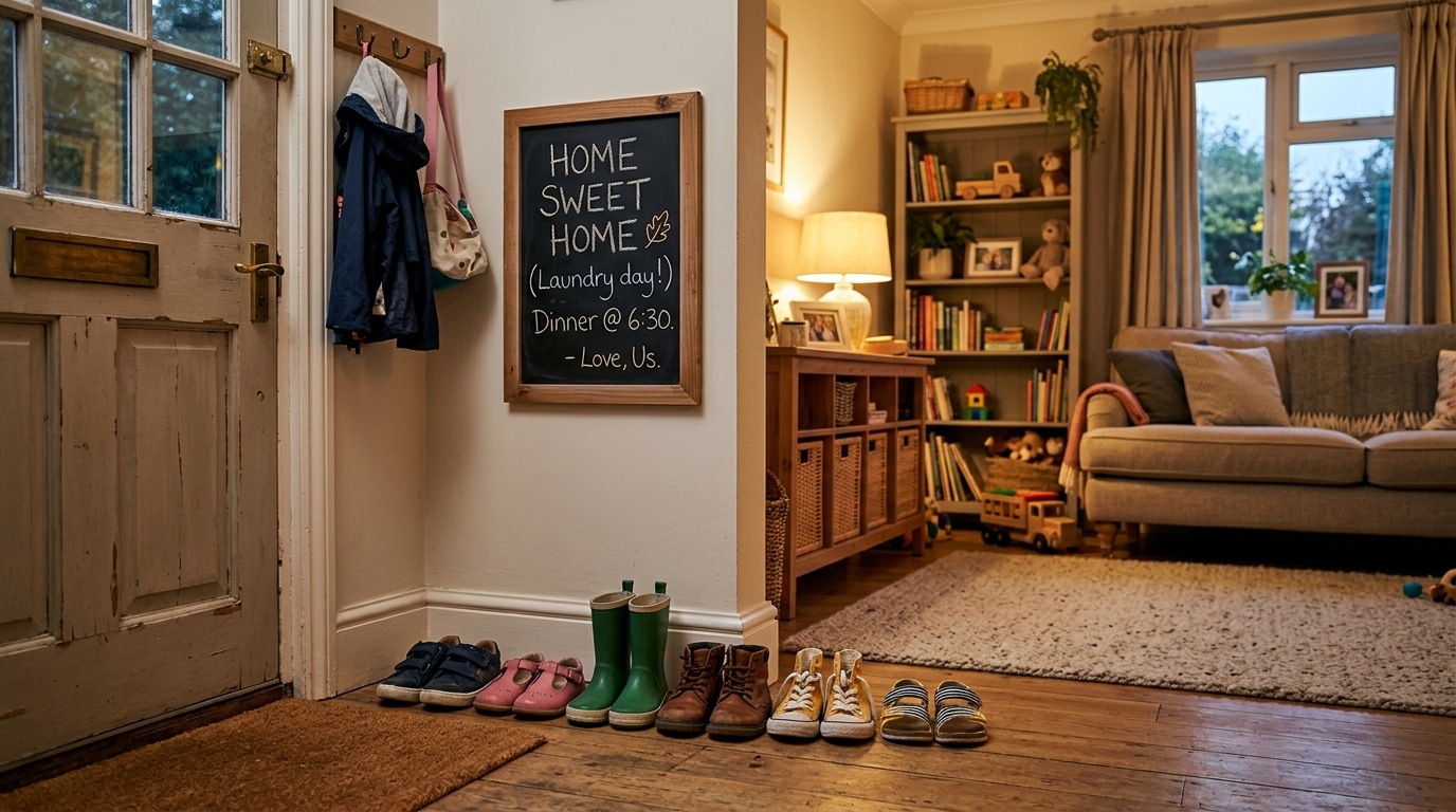 Chaussures d'enfants alignées dans un salon familial chaleureux