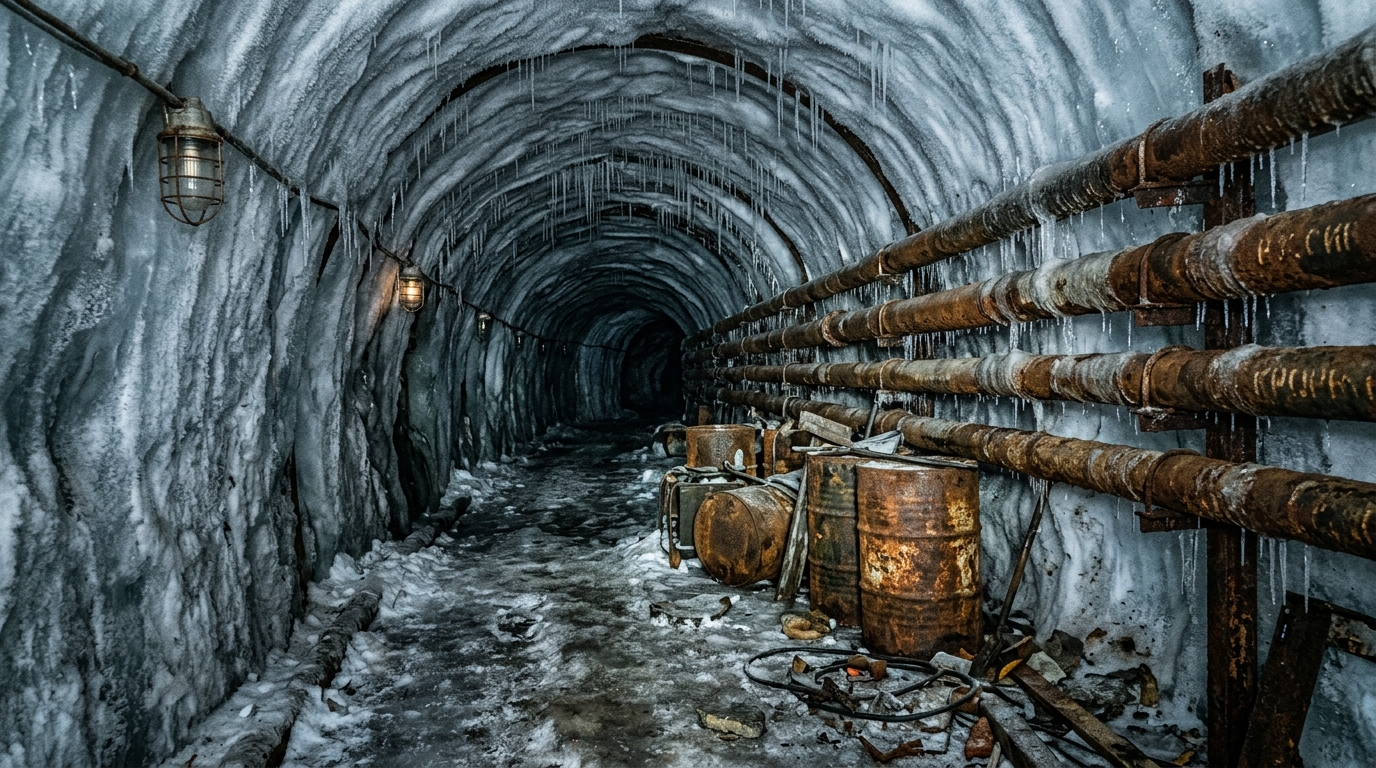 Tunnel souterrain abandonné avec fûts rouillés sous la glace