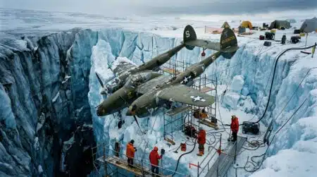 Avion de chasse extrait d'un puits de glace