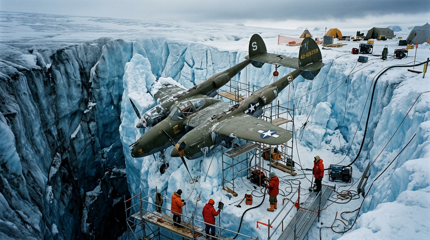 Avion de chasse extrait d'un puits de glace