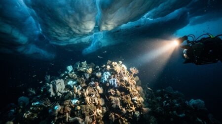 Éponges marines sur un rocher sous la glace antarctique