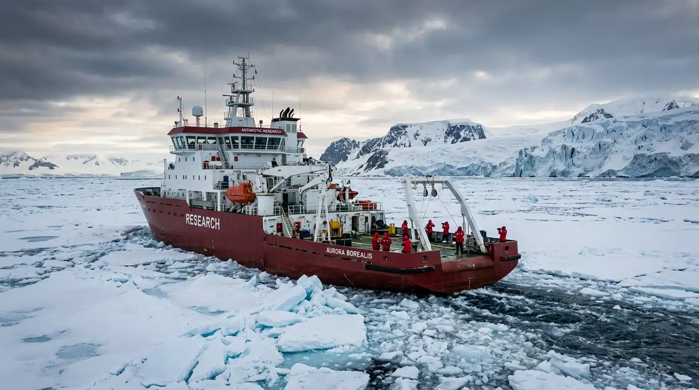 Navire brise-glace scientifique naviguant entre les icebergs antarctiques