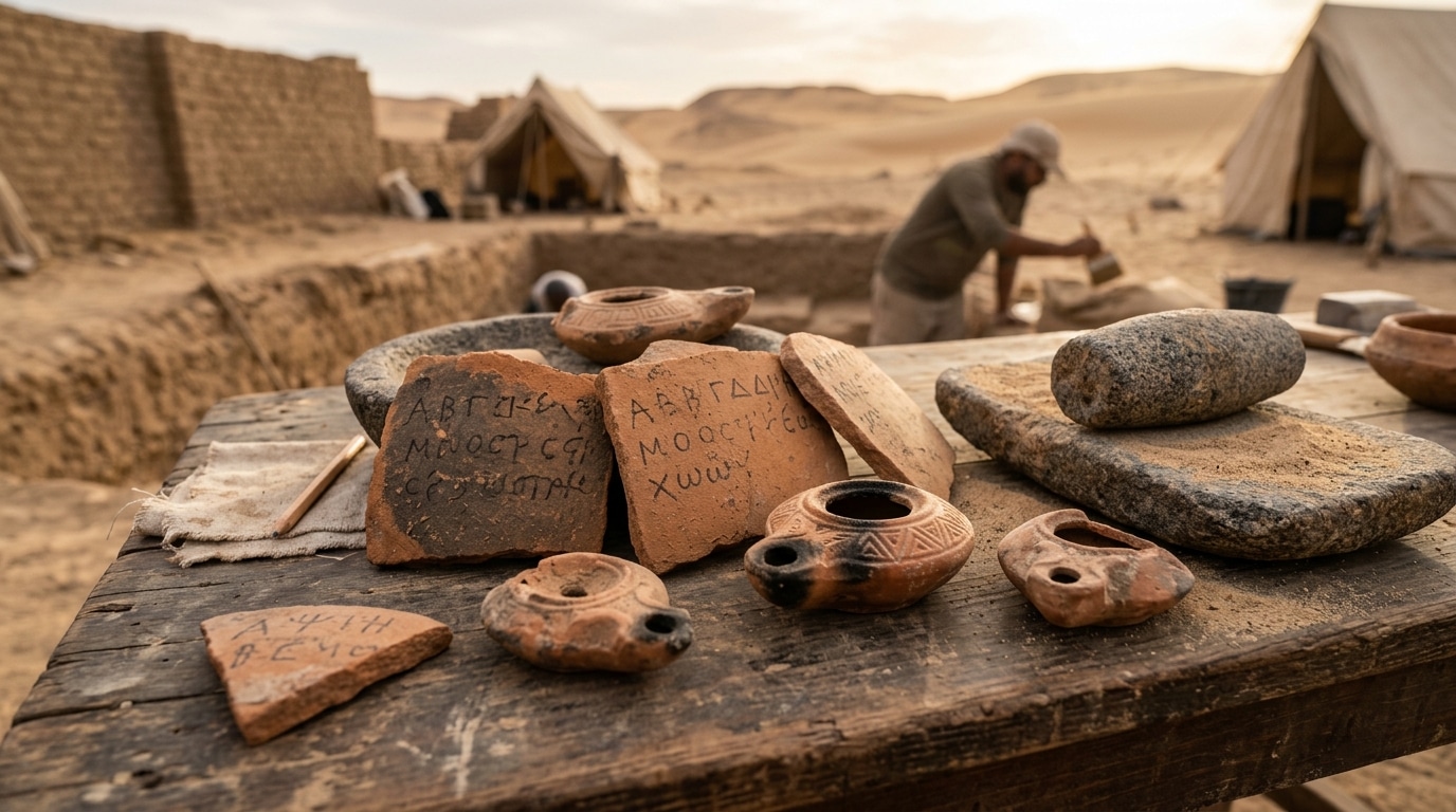 Fragments de poterie antiques inscrits posés sur une table