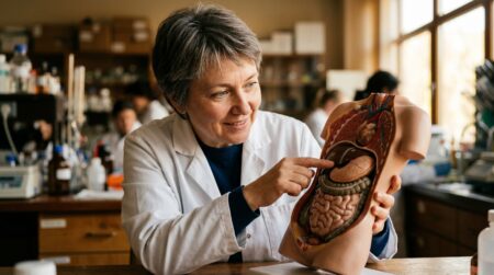 Chercheur examine un modèle anatomique de l'abdomen humain
