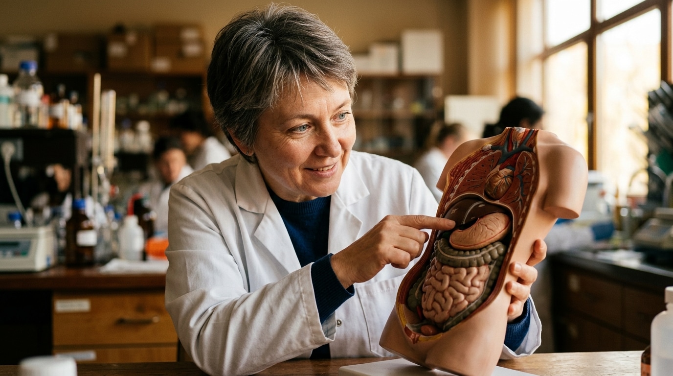Chercheur examine un modèle anatomique de l'abdomen humain