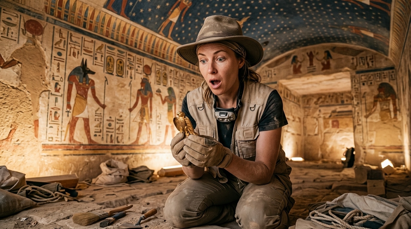 Archéologue émerveillé découvrant un artefact doré antique