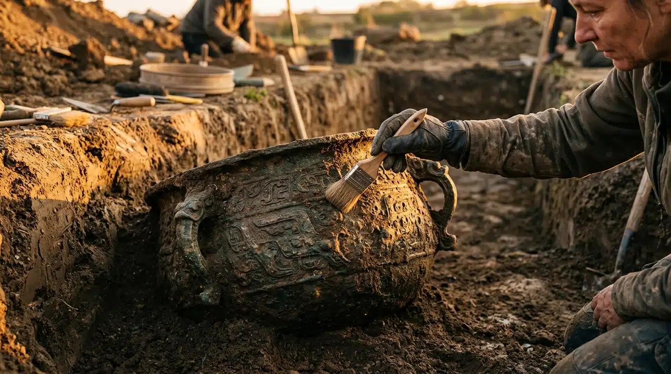 Chaudron étrusque en bronze découvert dans la tombe