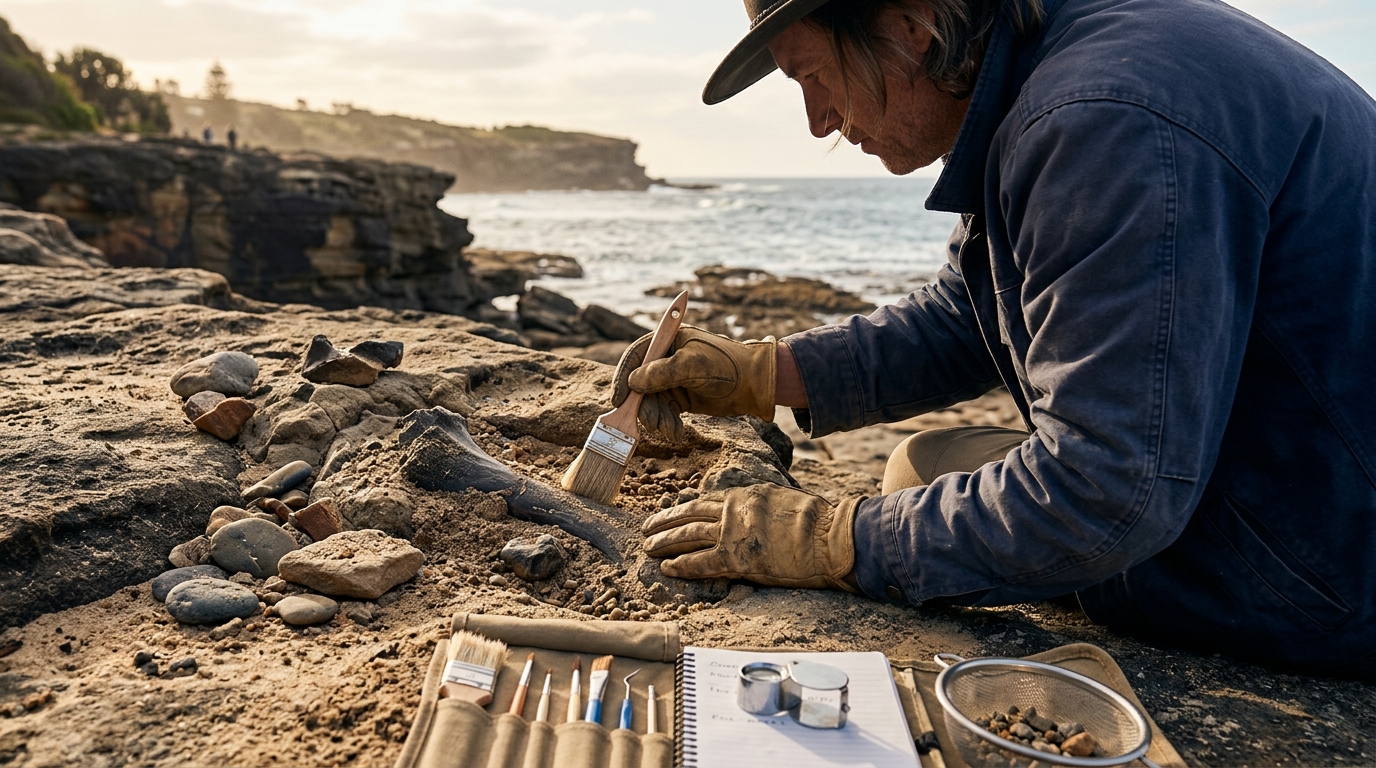 Mains examinant un fossile marin sur une plage rocheuse