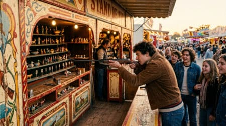 Stand de tir traditionnel dans une fête foraine des années 1970