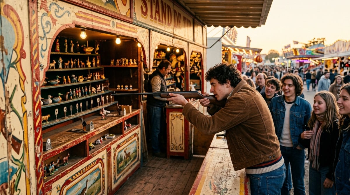 Stand de tir traditionnel dans une fête foraine des années 1970