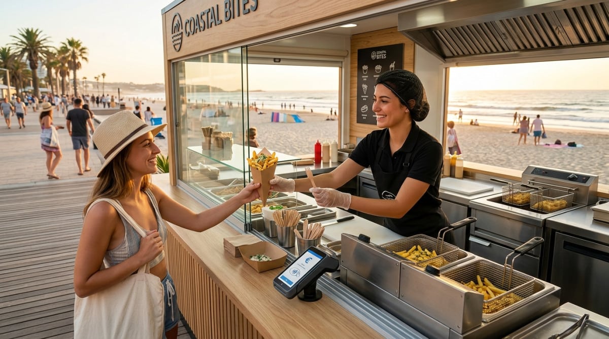 Stand moderne de frites aux normes sur la plage en 2026