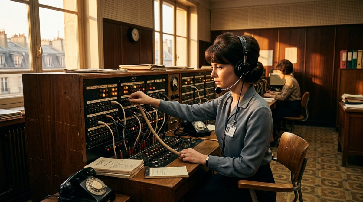 Standardiste des années 60 au standard téléphonique manuel