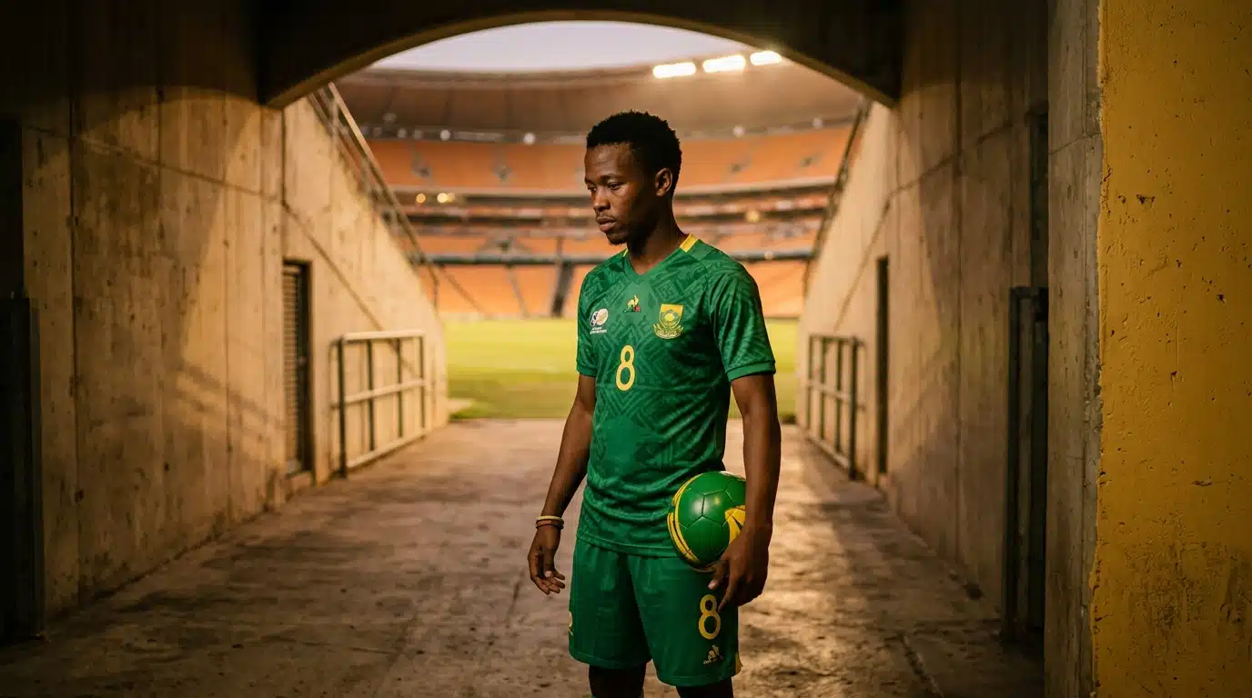Jeune footballeur sud-africain pensif dans un tunnel de stade