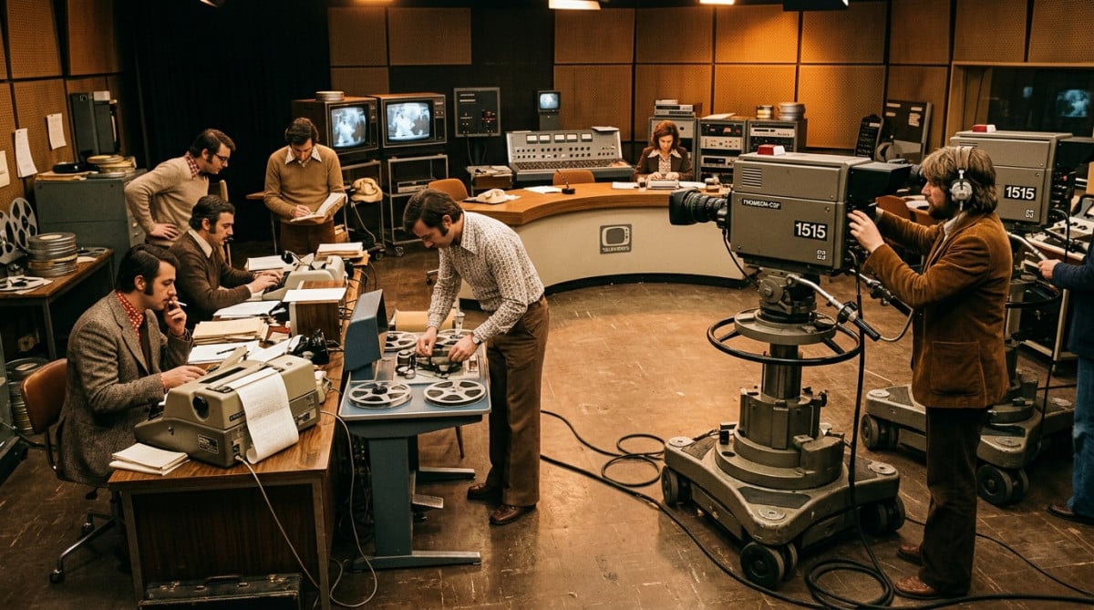 Studio télévisé des années 70 avec caméras massives