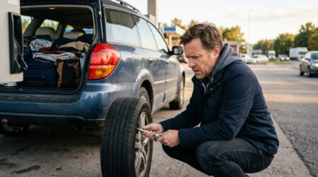 Homme vérifiant la pression d'un pneu sur aire d'autoroute