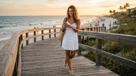 Femme souriante en tongs Crocs Miami sur une plage