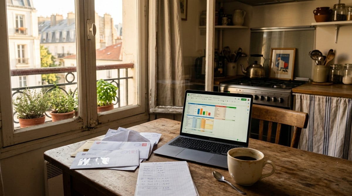 Table de cuisine avec factures et budget mensuel calculé