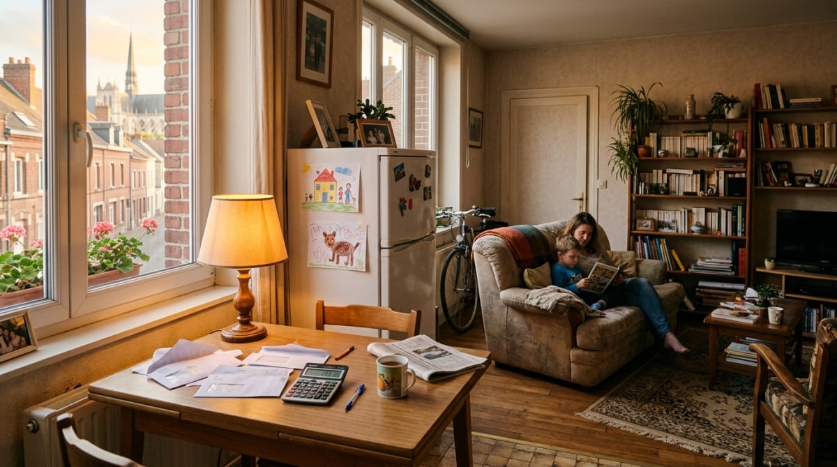 Table de cuisine avec factures et calculatrice budget familial
