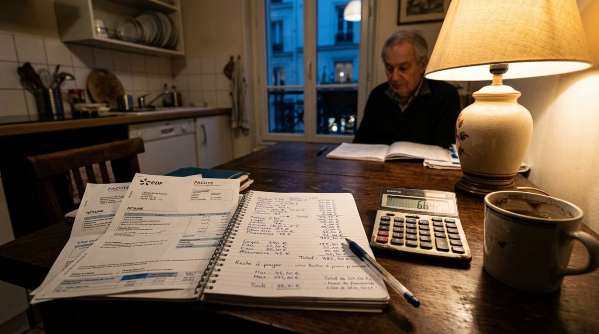 Table de cuisine avec factures et calculatrice pour le budget