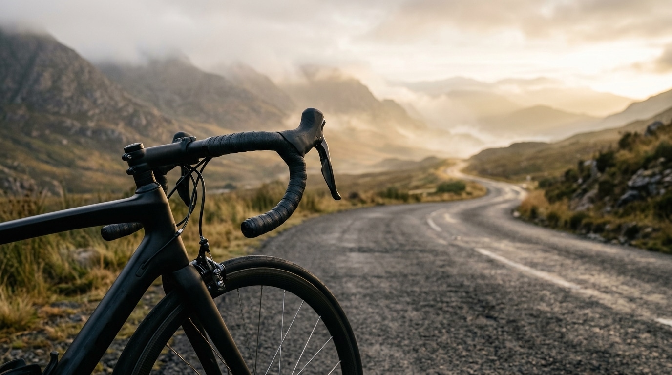 Vélo de course sur route de montagne vide et brumeuse