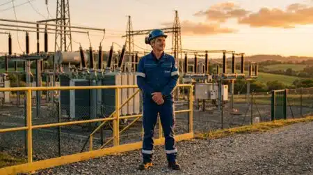 Technicien EDF devant un poste électrique au coucher du soleil