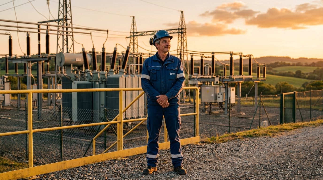 Technicien EDF devant un poste électrique au coucher du soleil
