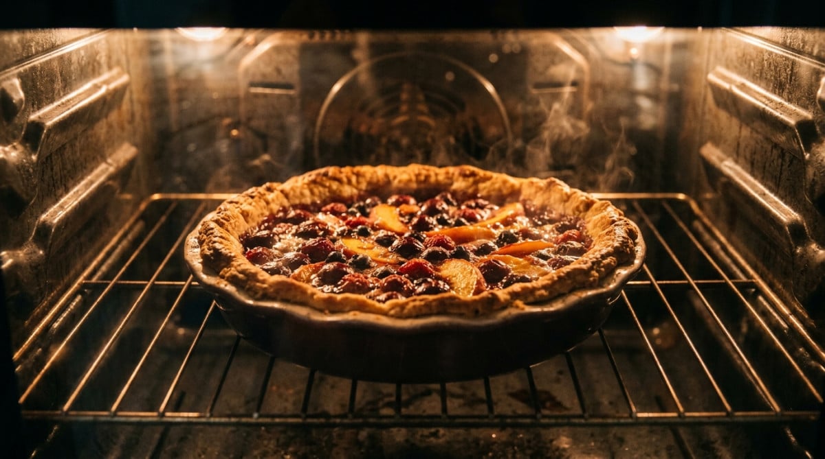 Tarte aux fruits dorée en cuisson dans le four