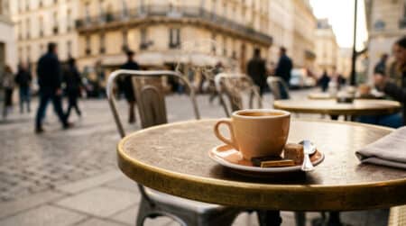 Tasse de café avec carré de chocolat sur une terrasse