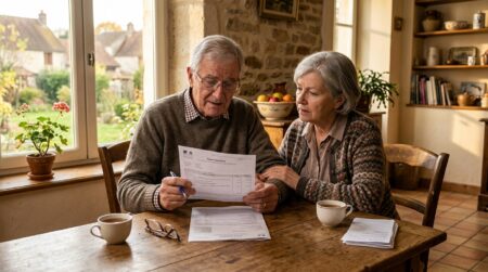 Couple senior consultant leur avis de taxe foncière