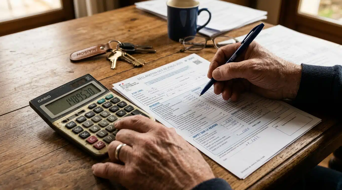 Mains tenant un document fiscal et une calculatrice