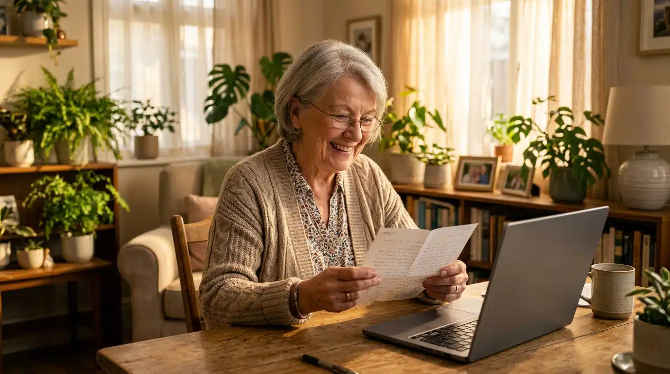 Femme senior soulagée après avoir vérifié son exonération