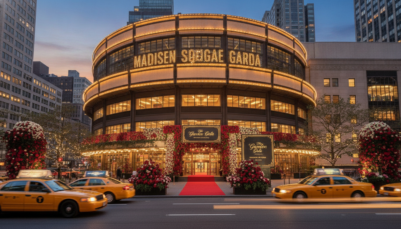 Le Madison Square Garden illuminé en soirée pour une cérémonie festive à New York
