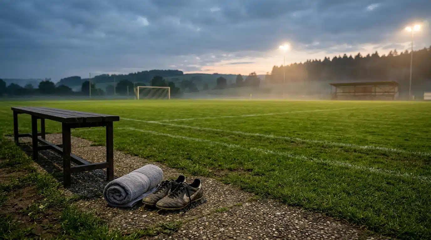 Terrain d'entraînement vide au crépuscule avec crampons