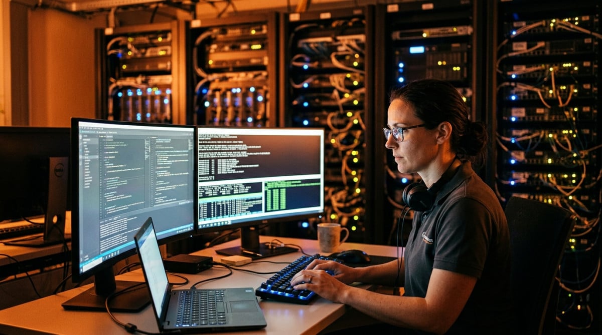 Technicien en cybersécurité travaillant tard le soir