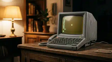 Terminal Minitel vintage allumé sur un meuble