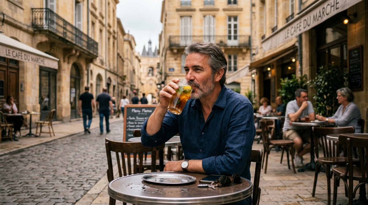 Terrasse de café à Bordeaux sous ciel clément