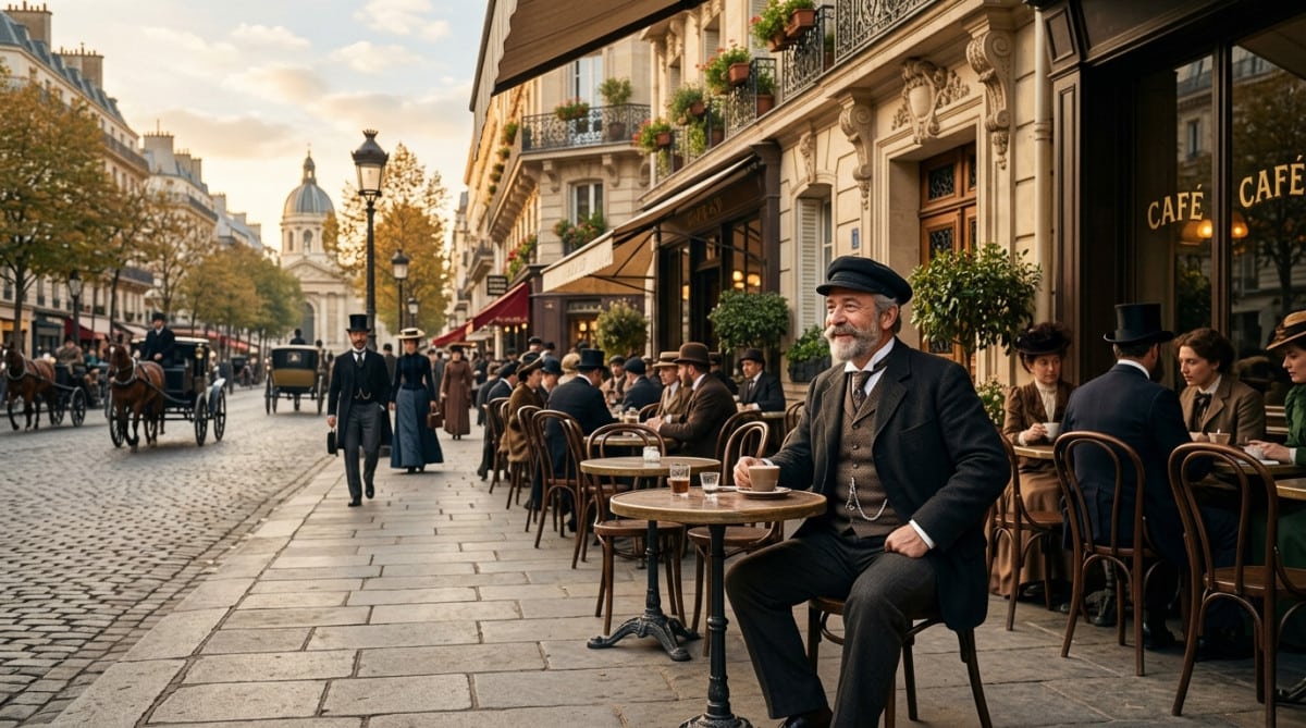 Terrasse de café parisienne avec chaises tournées vers la rue
